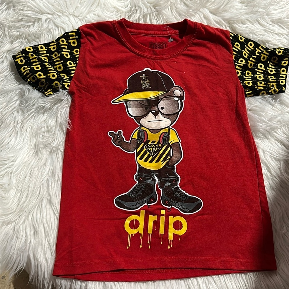 Fresh Laundry Boys Graphic T-Shirt Red Yellow Drip Bear Crew Neck Tee Sz 5/6